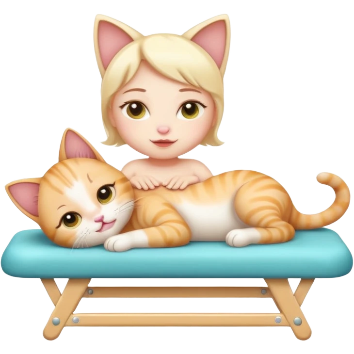 A cute emoji-style illustration of a baby cat girl lying on a massage table during a relaxing massage session,  emoji