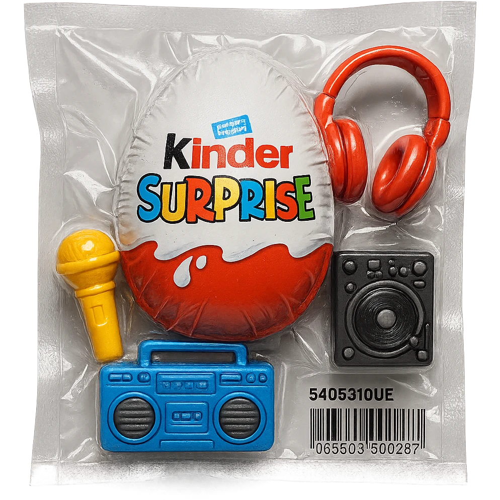 Kinder Surprise egg with standard packaging, toys including microphone, boombox, headphones, DJ setup, glossy and puffy vacuum-sealed style emoji