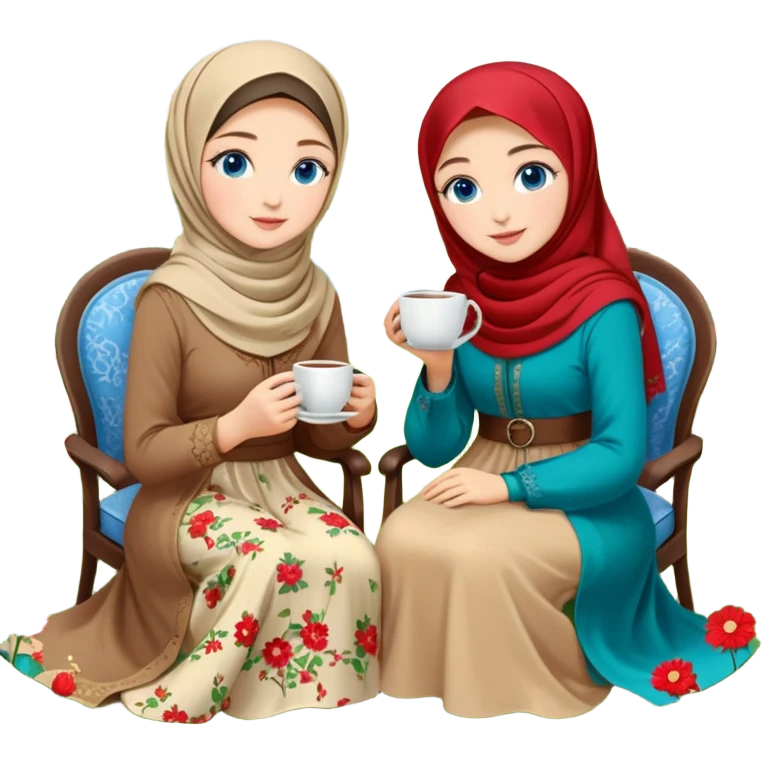 Turkish beautiful finish Konya girls blue eyes with Beautiful beige red green floral hijab long tail dress and this two friends sit in a lovely garden on the chair on the ground and holds cup coffe with her hand  emoji