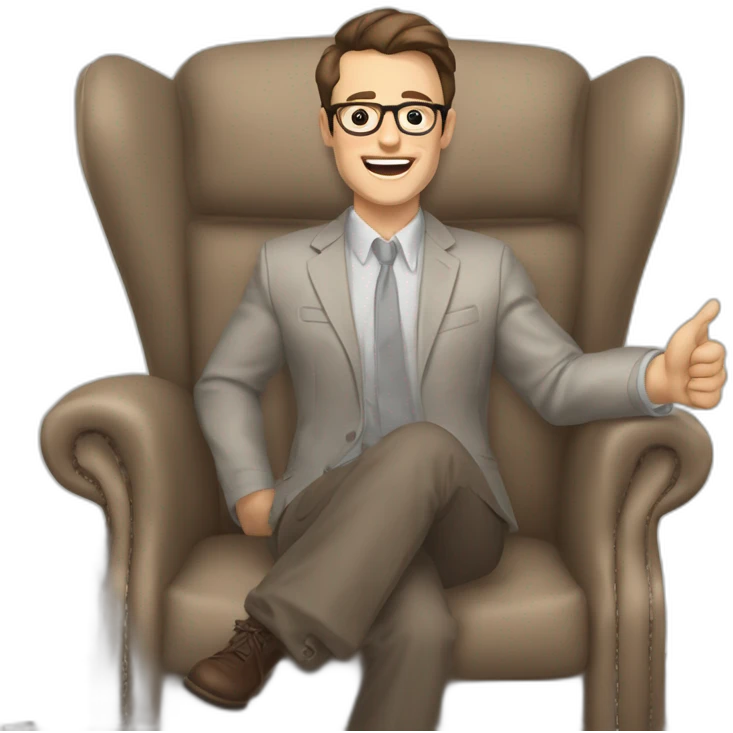 Joyful Celebrating victory Hands up Pale skinned Fit Man With dark brown hair in gray jacket, beige office shirt, Brown pants and vintage glasses sitting In a soft chair emoji