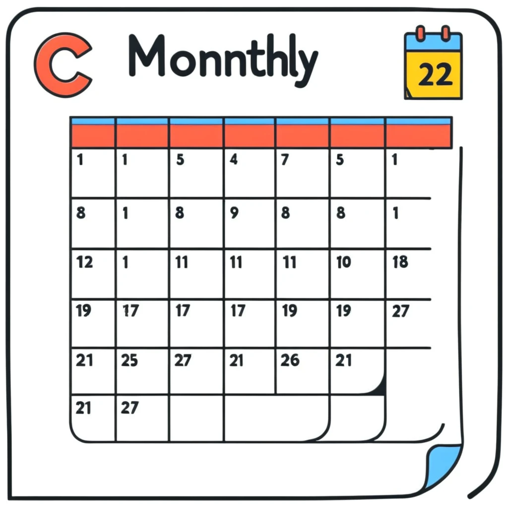 monthly content calendar visual with days and post icons emoji