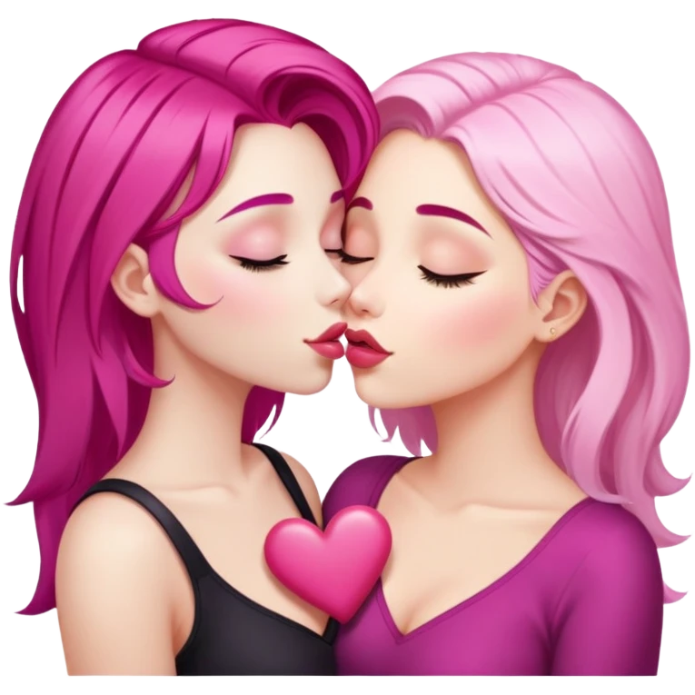 gorgeous pale girl with magenta pink hair latina makeup next to a gorgeous blonde girl with a light pink heart in between eye closed making kiss faces emoji