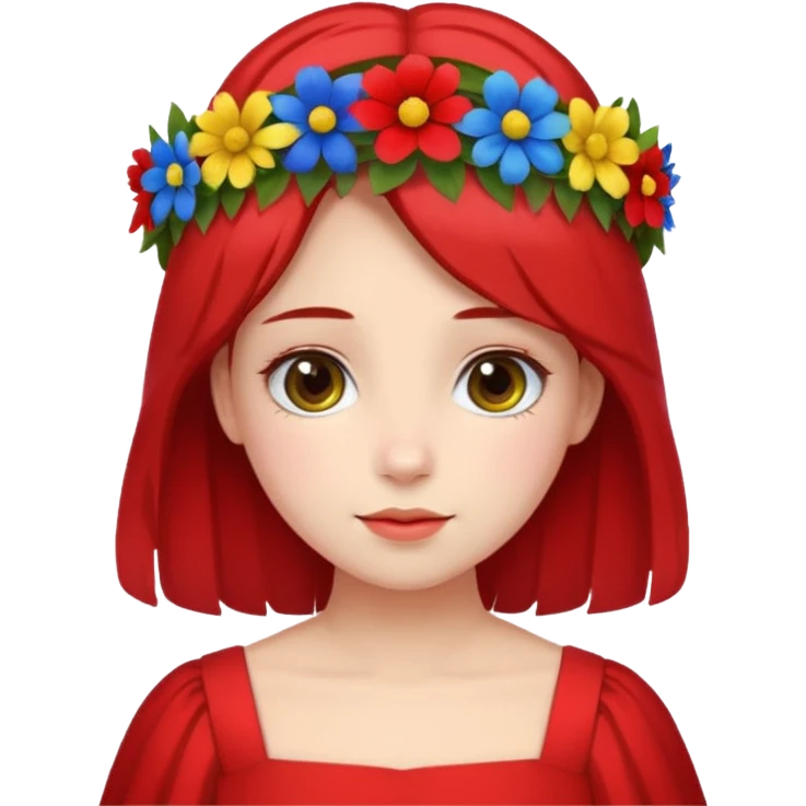 girl with flower crown in red dress and yellow ,blue,green colored flowers emoji
