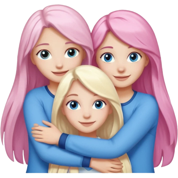 four white grips hugging and smiling    2 girls with brown eyes and long dark brown hair. One girl with long light pink hair and blue eyes, one girl with blue eyes and light blonde hair emoji