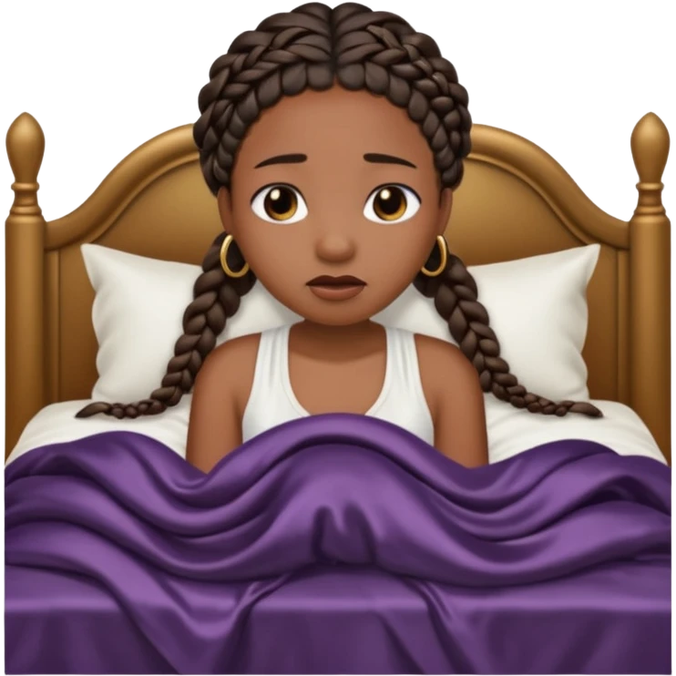 Black woman with braids in a big king size bed on one side by herself crying emoji