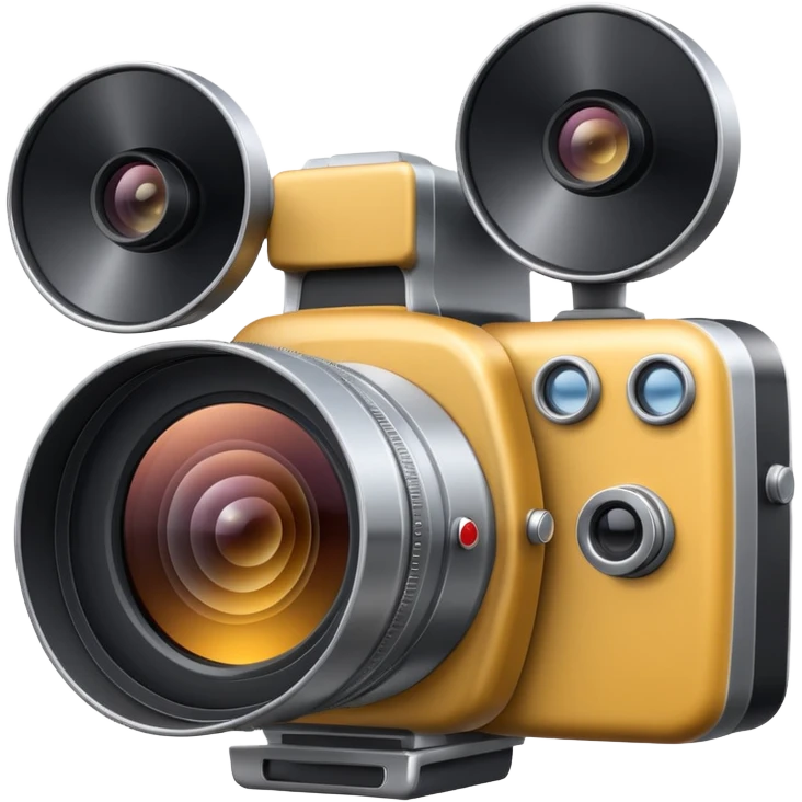 Minimal emoji icon of a huge cinematic metalic camera, front view, realistic lens, no gold emoji