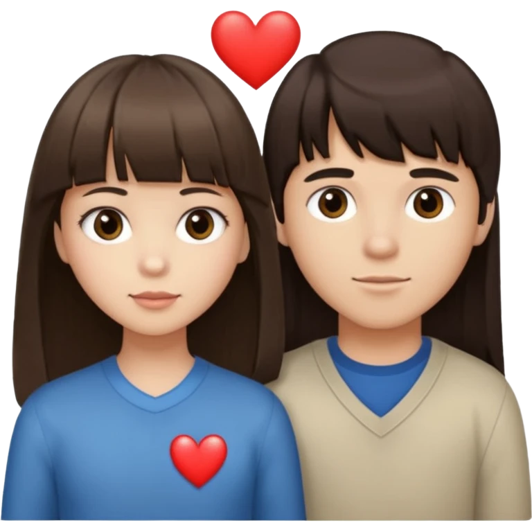 girl brunette with bangs long hair with boy dark brown hair with bangs with straight eyebrows with a light color heart between them. emoji