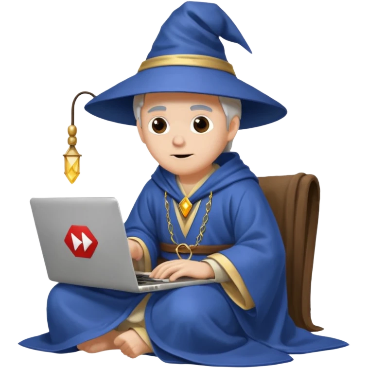 A wizard sitting with a laptop on his lap, the laptop looking like a Mac but with the YouTube logo on it emoji