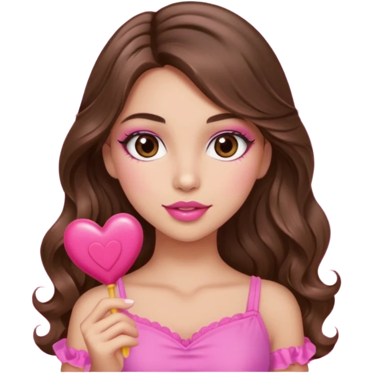 girl with long wavy brown hair, brown eyes, long lashes makeup, sexy pink lips, light to medium complexion, wearing a pink sexy top,, heart lillipop emoji