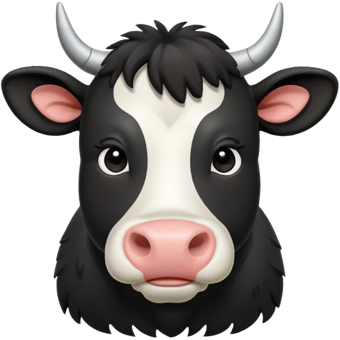 Aberdeen Angus cow, front view, cartoon style, black with white highlights, friendly expression emoji