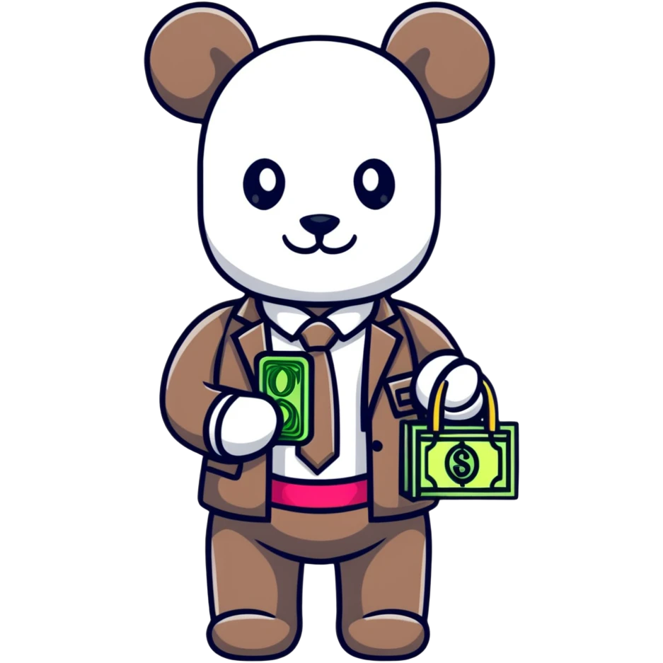 cool hustler bearbrick with money bag, luxury clothes, and bling jewelry emoji
