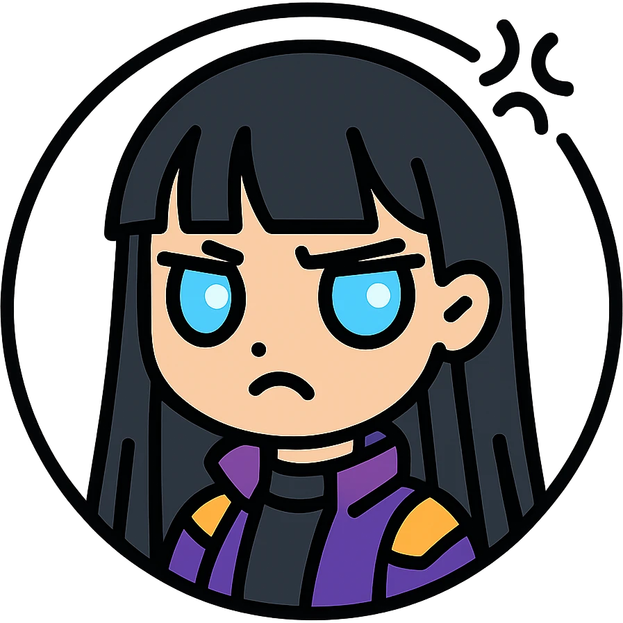 chibi cyberpunk girl with long straight black hair, large glowing neon-blue anime eyes, light peach skin, round face, small nose, soft cheeks, thin black line art, annoyed expression with small grimace and flat mouth, eyebrow raised in irritation, tiny squiggly lines near forehead, pure white background, inside a thin black circle emoji
