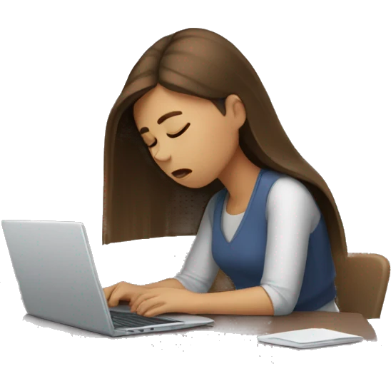Exhausted brown straight hair girl working with laptop  emoji