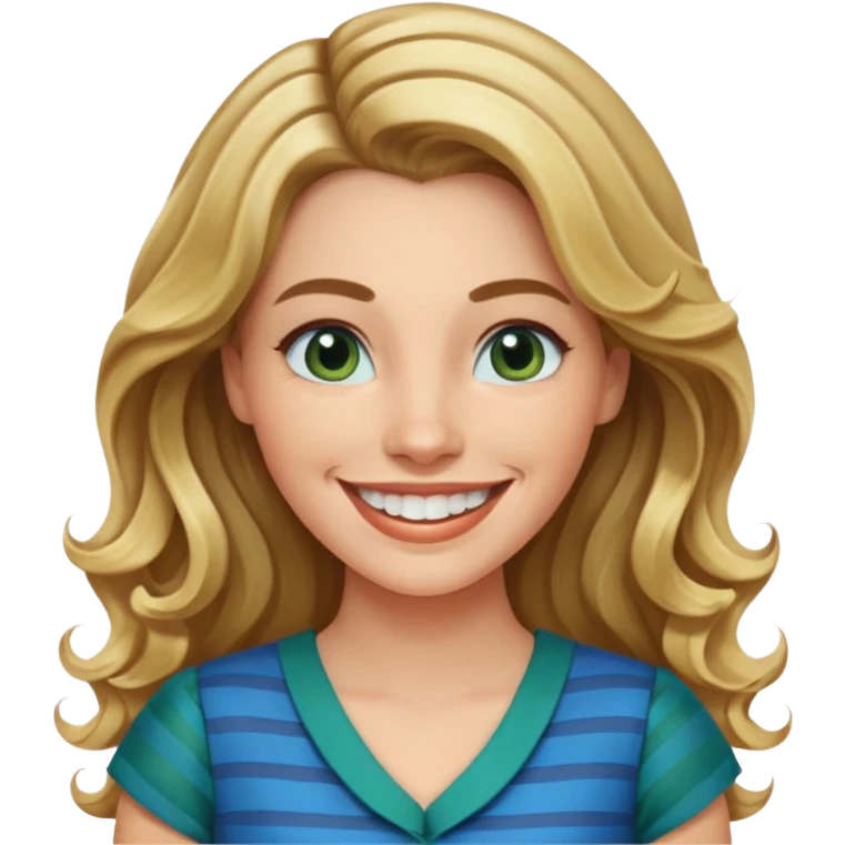 30 yr Caucasian woman long brown wavy hair parted on side blond stripe in hair blue green dress ,big smile white teeth, dimples emoji