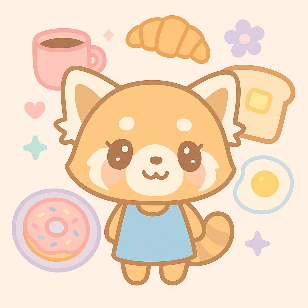 Aggretsuko red panda happy surrounded by breakfast foods, kawaii style emoji