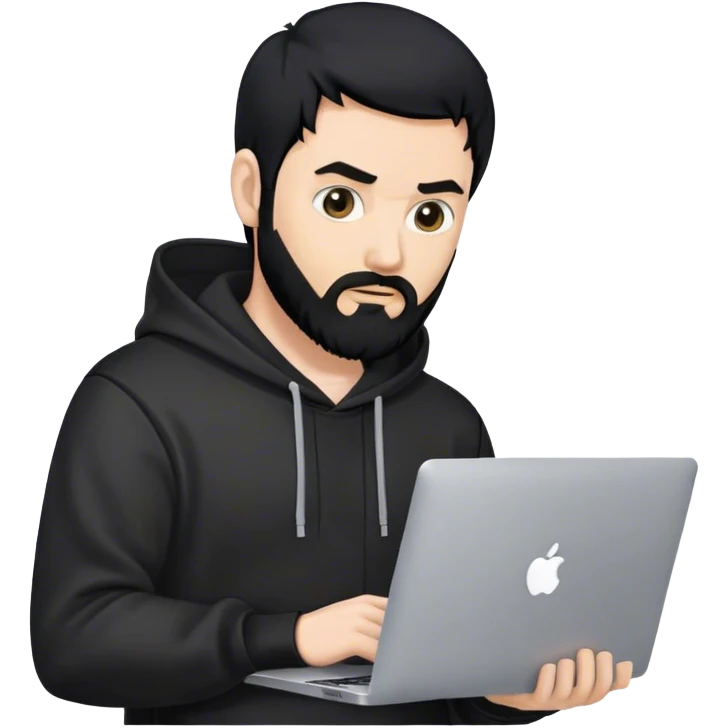 hackeur blanc cheveux noir barbe et capuche noir avec un macbook emoji
