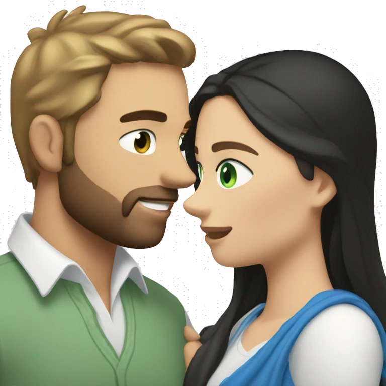 White man BROWN beard and blue eyes and BROWN hair hugging white woman with long straight black hair and green eyes emoji