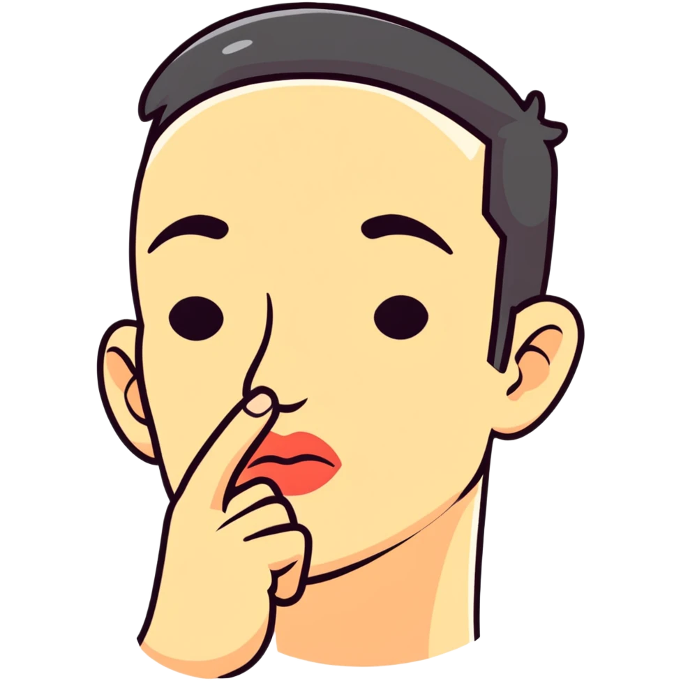 cartoon face making shush gesture with finger on lips, pointing at jaw, pressing cheekbones emoji