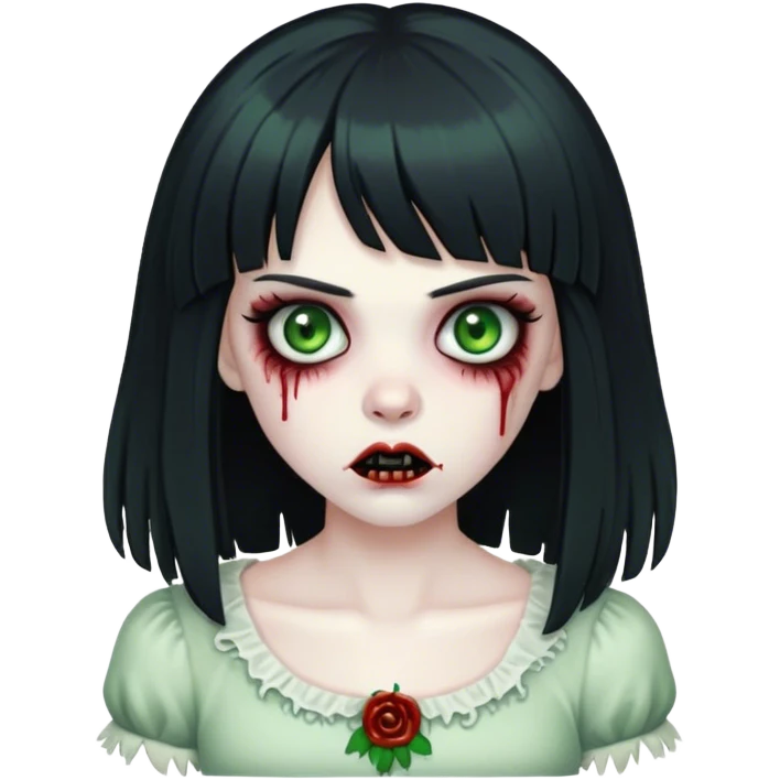 Zombie girl with big black hair and fringe and green eyes emoji