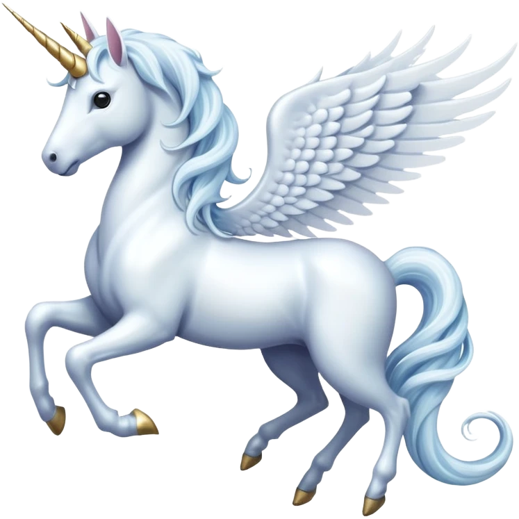 All white Cinematic Noble Unicorn with wings, slender with a flowing mane and tail and spiraled horn emoji