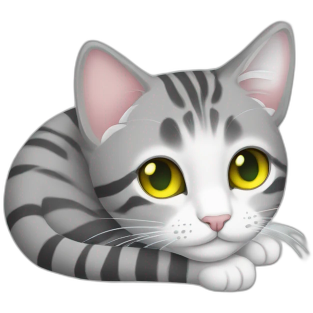 light gray tabby cat with white stripes domestic short hair with yellow green blue eyes and black pupil sleeping emoji