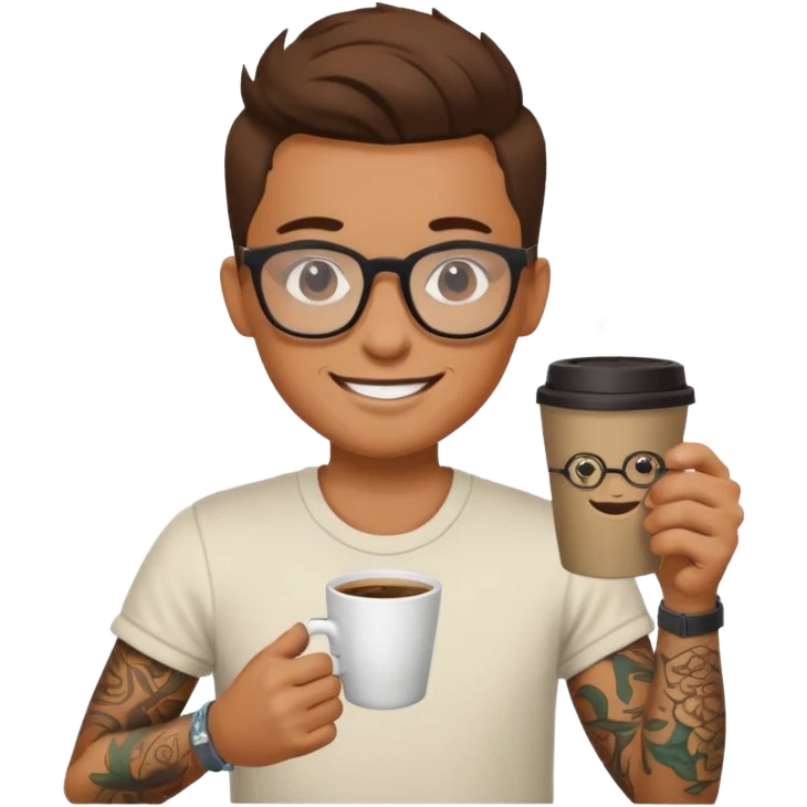 gözlük takan, dövmeli ve elinde kahve tutan, yaz kıyafetli insan emoji