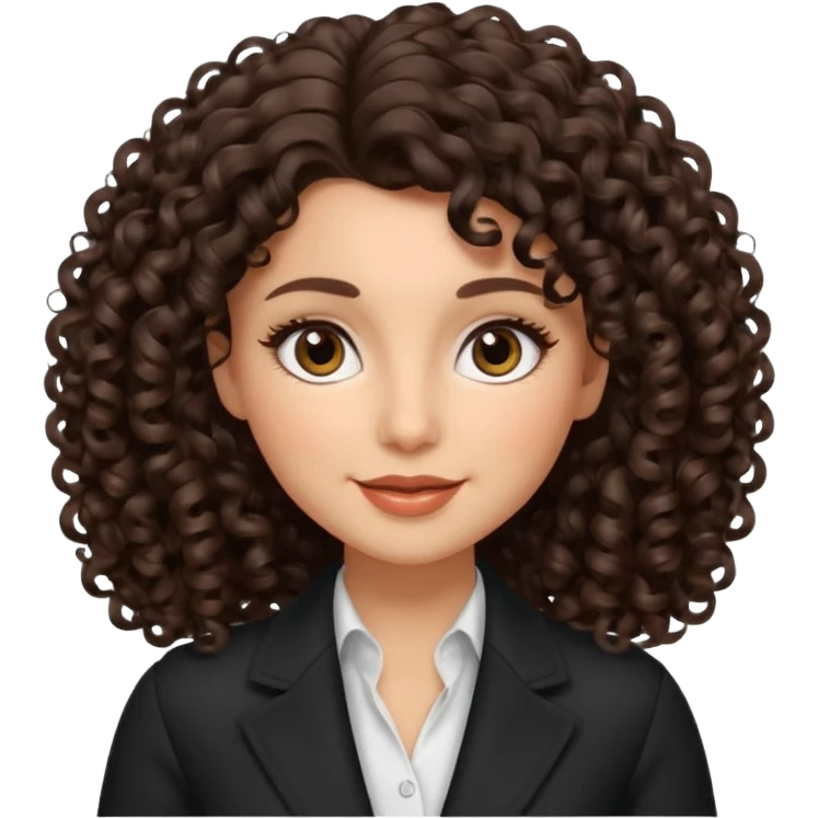 beautiful female memoji, dark brown voluminous curly hair, big brown eyes, natural glow, soft smile, elegant and classy emoji