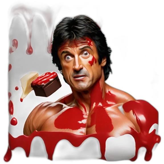 Sylvester Stallone Rambo covered in red paint eating chocolate in a primary school emoji