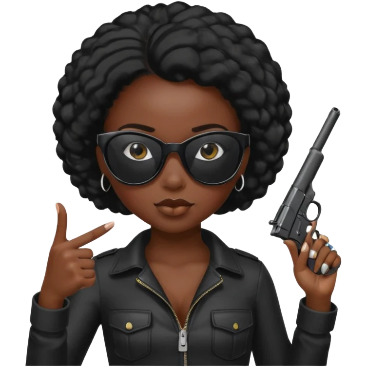 a black girl with black sunglasses with a gun pointed at the camera emoji