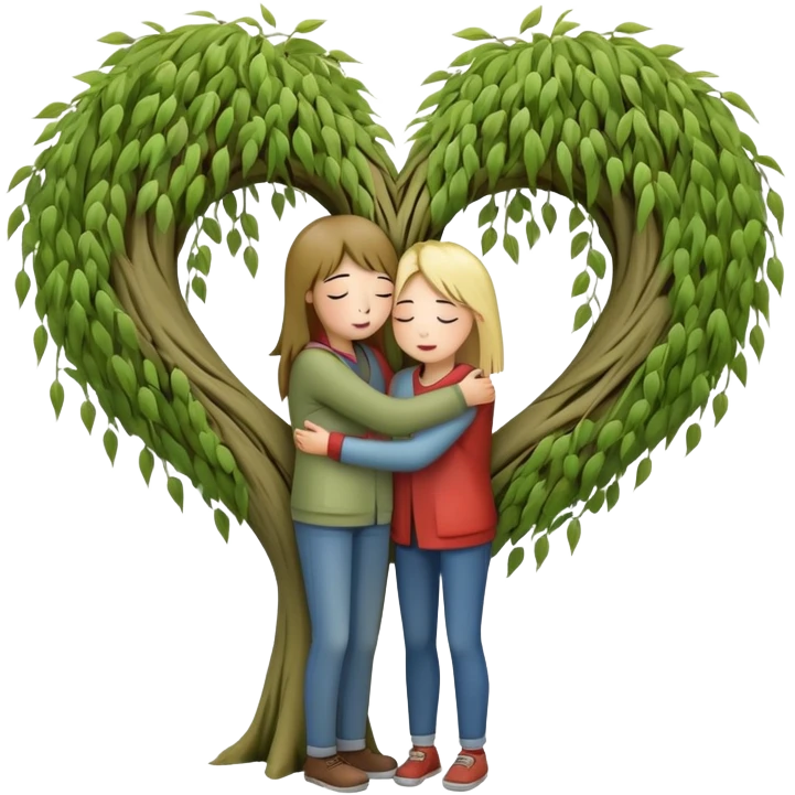 heart-shaped weeping willow tree with two people inside giving each other a supportive, caring hug, like close friends comforting each other, with a small heart above them emoji