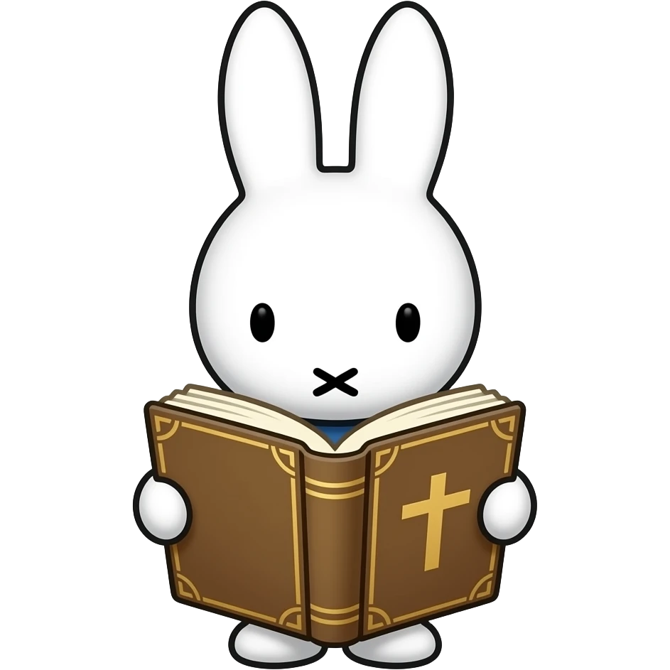 Miffy reading the , no outline, Bible , no text on the cover just a cross emoji