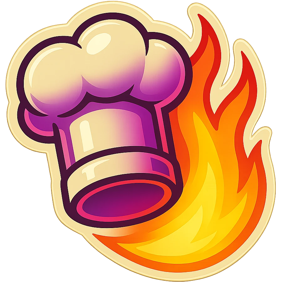 chef's hat with a trail of fire emoji, playful, synthwave colors, vibrant, matching style reference file
 emoji