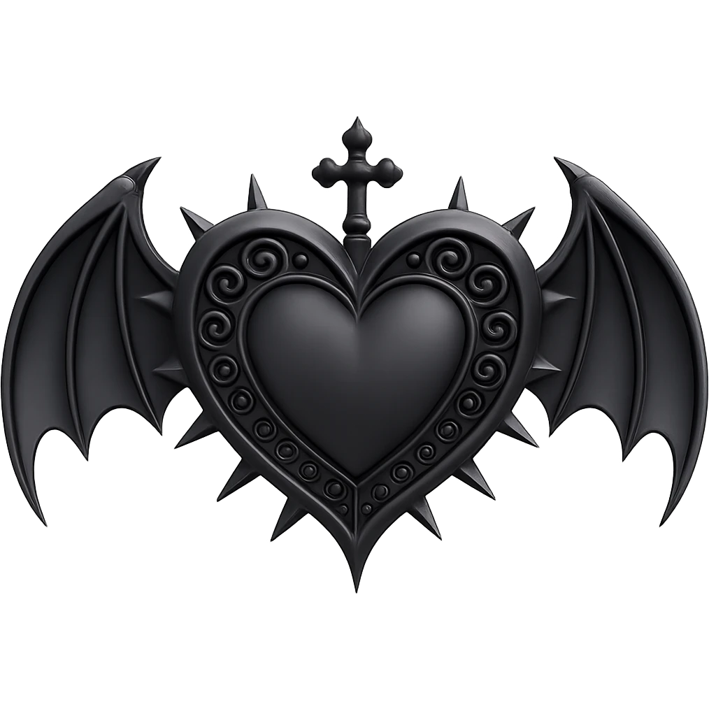 Add gothic bat wings to the black gothic heart with metallic spikes in 3D emoji style, no background. The style is 3D emoji but fallback to general editor as 3D emoji style does not support editing. emoji