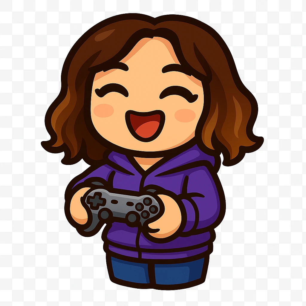 Sticker style chibi emote, matching the attached green heart emote as a base. Woman from reference, purple hoodie and jeans, holding a game controller in a gaming pose, cute excited face, no headband, no wand, transparent background. emoji