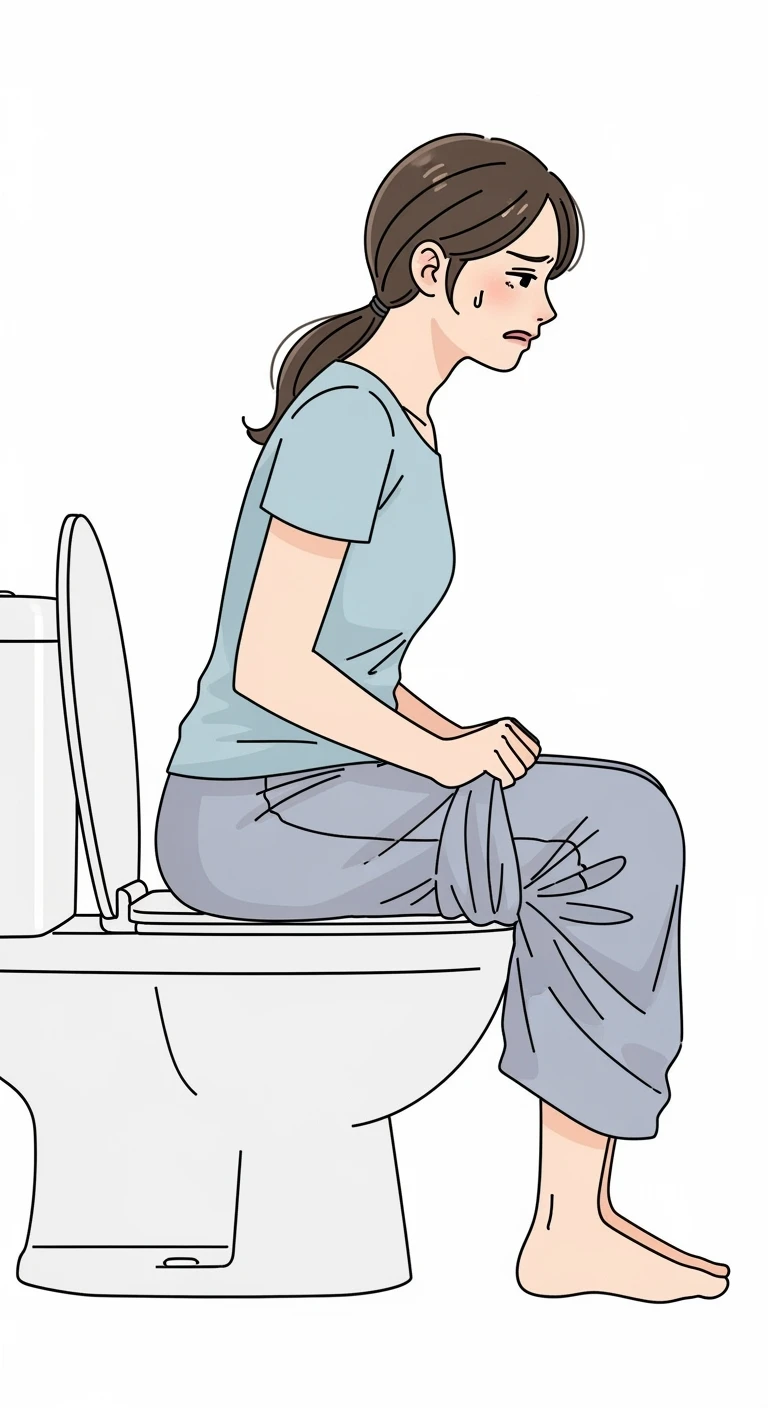 DONNA SEDUTA SUL WC DI PROFILO A FIGURA INTERA CON ESPRESSIONE DI DOLORE IN VOLTO PERCHé SOFFRE DI CISTITE, SFONDO BIANCO emoji