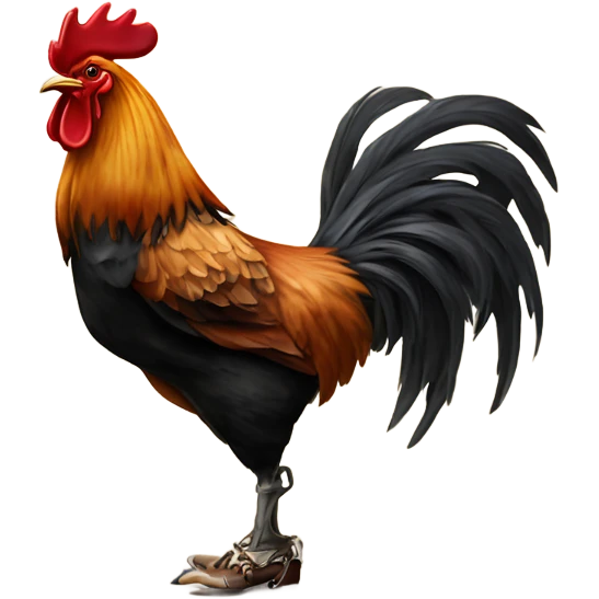 A rooster with cowboys boots on smoking a cigarette carrying a bottle of whiskey emoji