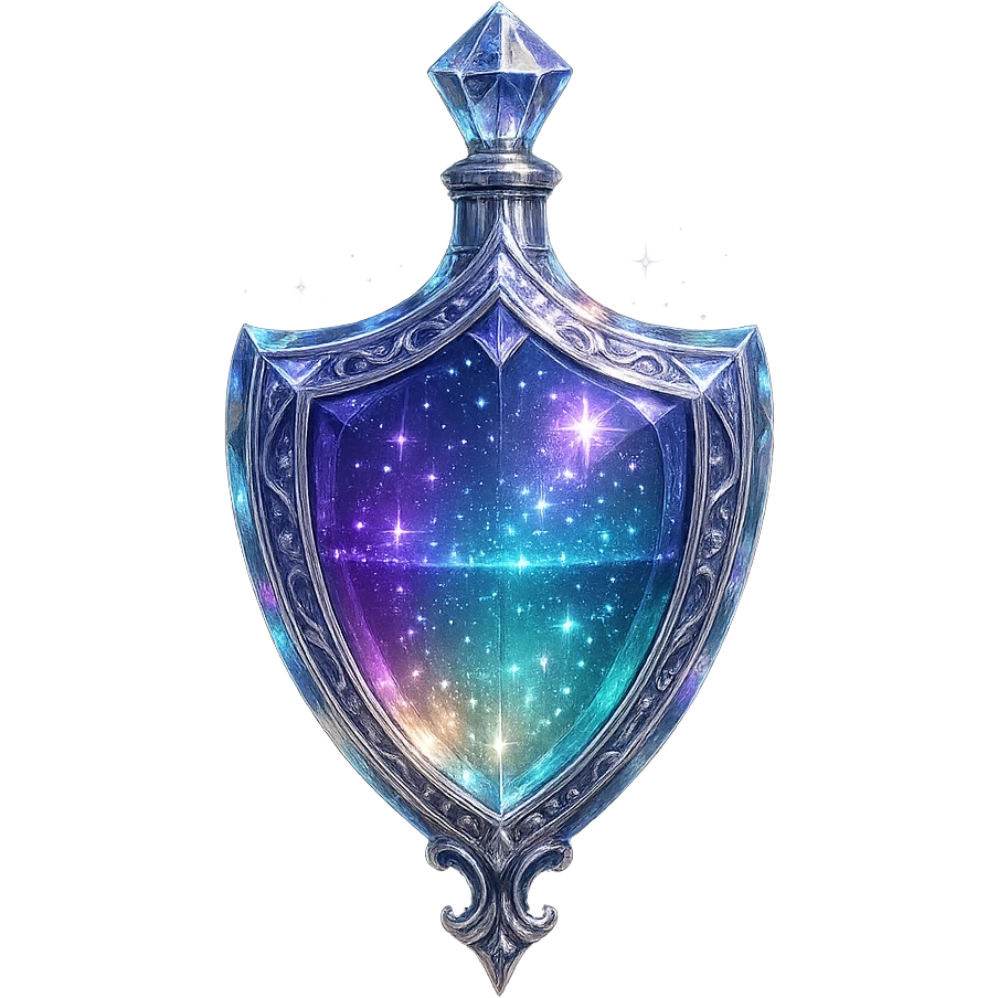 shield-shaped ultra luxurious elixir bottle, elegant color gradient, multi-layered holographic and silver details, intricate crystal facets, magical radiant glowing and sparkling effects, seamless ornate bottom, very small neck, transparent background, floating, no base or shadow, modern, extremely beautiful, matching a collection emoji