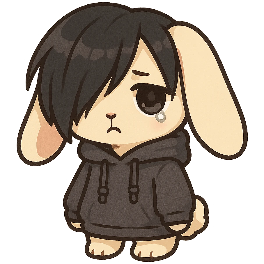 emo bunny, chibi style, oversized hoodie, sad eyes, floppy ears emoji