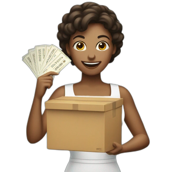 woman holding raffle box with ticket flying out emoji