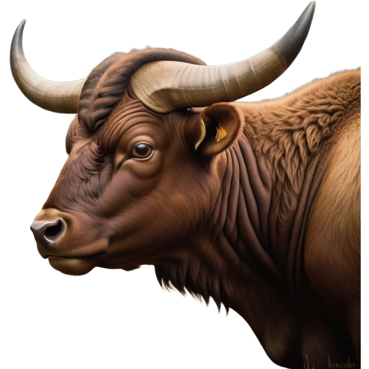 Cinematic Noble Domestic Ox Portrait Emoji, Poised and stalwart, with a massive, muscular build and a thick, smooth hide in deep earthy tones, prominent, curved horns, and steady, soulful eyes, Simplified yet sharp and sophisticated features, highly detailed, glowing with a warm, dignified glow, high shine, intelligent and dependable, stylized with an air of timeless strength, focused and attentive, soft glowing outline, capturing the essence of a watchful and confident ox that feels as though it could plod out of the screen with effortless authority! emoji
