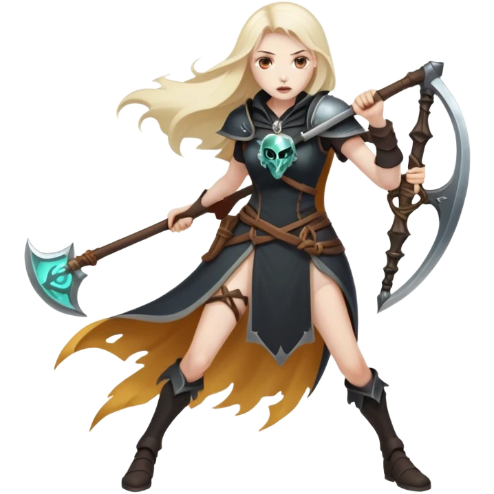 Necromancer girl with scythe and shield, beating a mage emoji