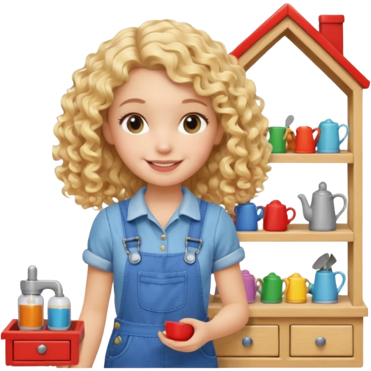 smiling blonde curly girl arranging furniture in doll house with overalls emoji