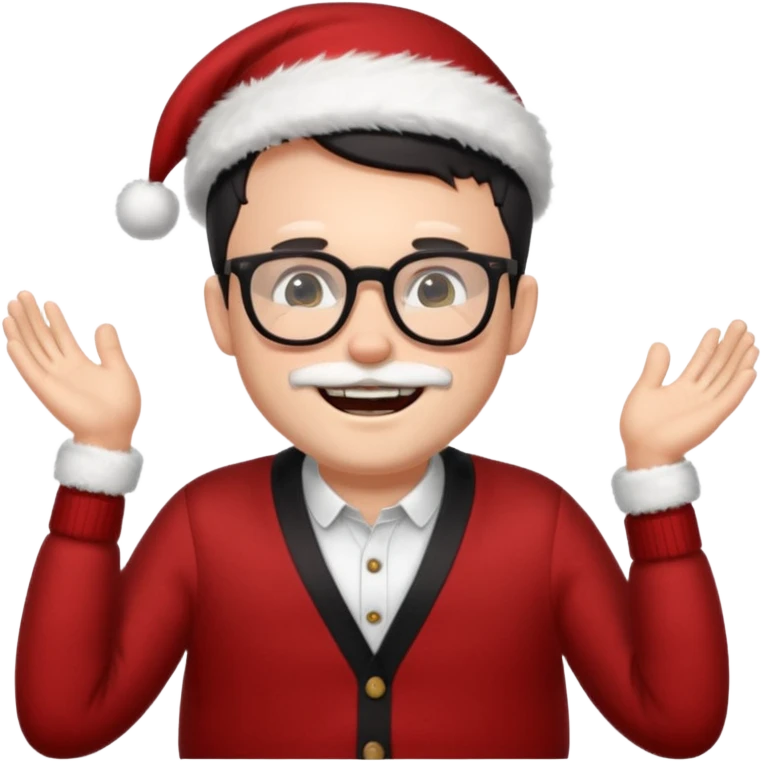 white man wearing glasses, black short hair dressed as hipster Santa in a cardigan, cute smile with teeth emoji