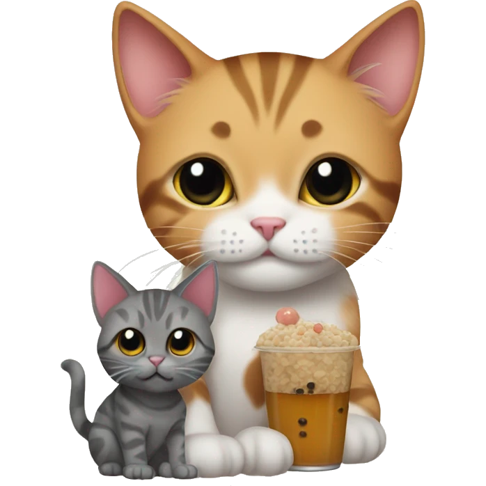 A cat with a kitten and a boba  emoji