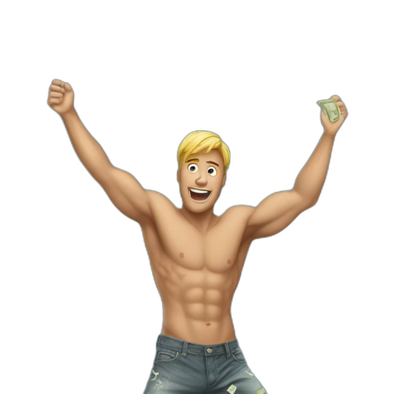 Shirtless guy dancing under raining money  emoji