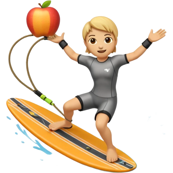 "Apple 3D emoji-style character wakeboarding mid-jump, with arms extended holding an orange rope, legs slightly bent on a yellow board. Stylized water splash behind. Emoji face, rounded body, bright and clean Apple shading." emoji