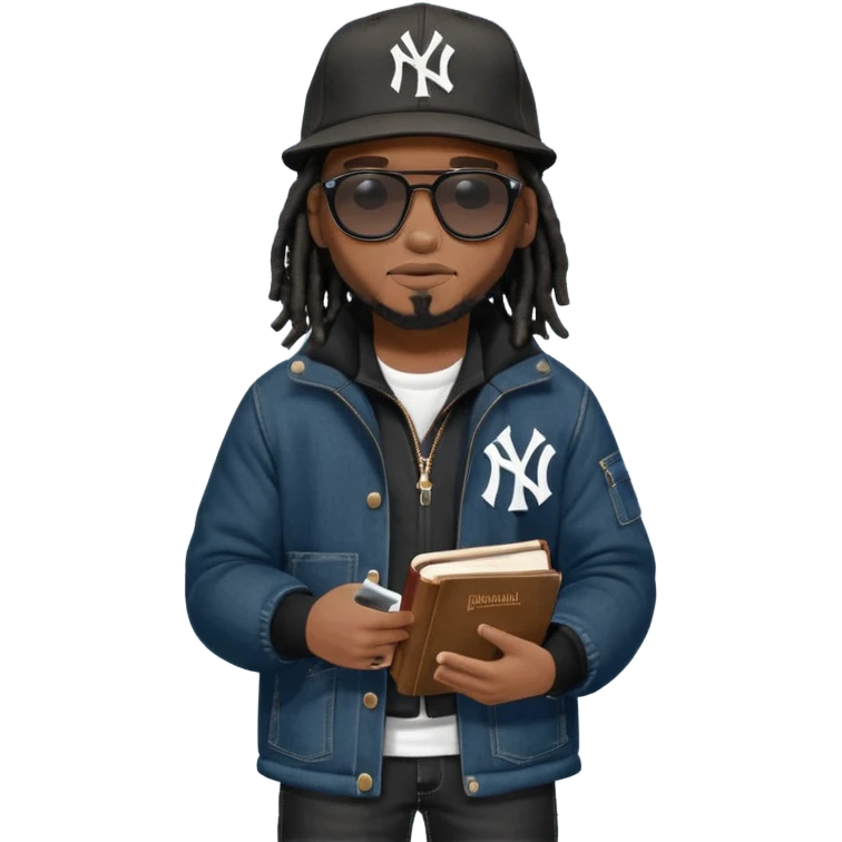African American man with shoulder length black dreadlocks and black sunglasses wearing a black New York Yankees baseball hat with a North Face brand bubble winter coat with denim skinny jeans and timberland boots walkingholding a bible emoji