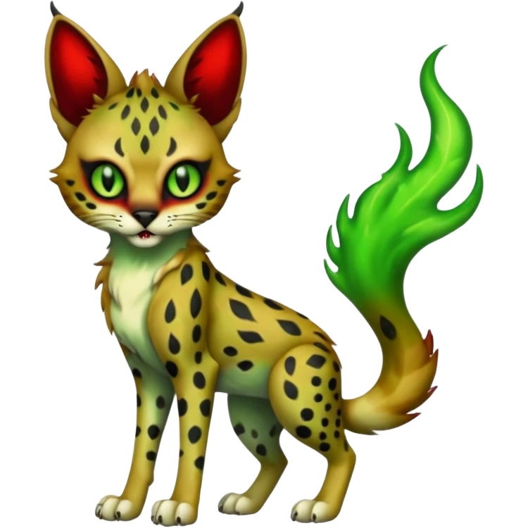 Dark-deep-blackish-Greenish Zombie-serval, full body, with green spectral haunted flames, big white claws, slit pupils, big red eyes,  emoji