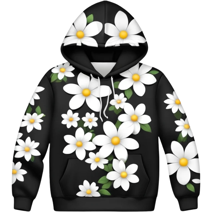 The BLACK Hoodie features a black base with scattered black and white flowers. Each flower has a white outer ring with a hollow center, creating a unique open design that contrasts sharply against the dark background. emoji