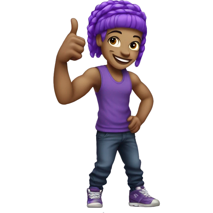 A light skinned hip hop dancer with purple hair doing a thumbs up emoji